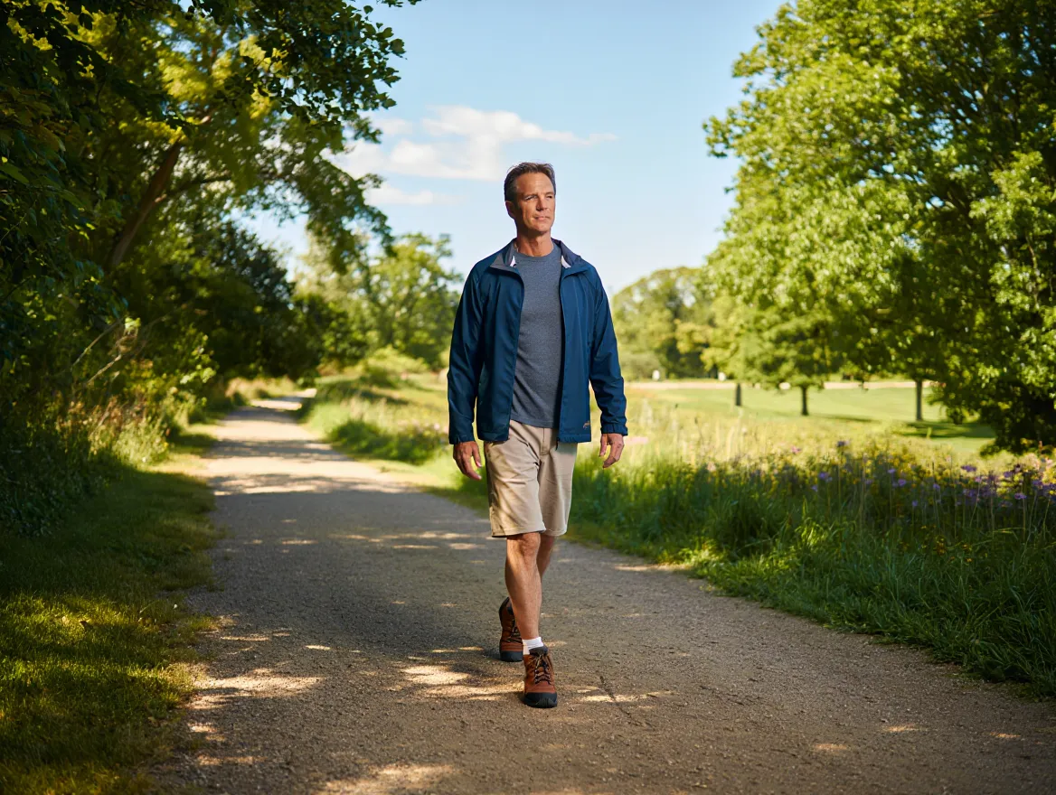 Person walking on a sunlit park trail surrounded by green trees